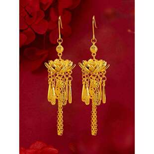 步步生莲古风金色莲花流苏耳饰长款气质复古重工艺婚嫁中式耳环女