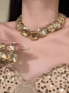 欧美夸张方形项链耳环套装女轻奢高级感晚礼服配饰锁骨链新娘颈链