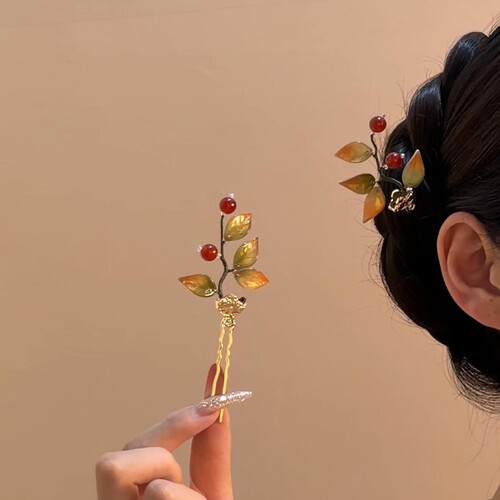 秋宵吟古风秋叶红豆发簪
