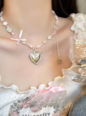 爱心珍珠锁骨链2025新款多巴胺