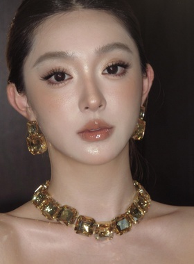 欧美夸张方形项链choker轻奢时尚高级感小众脖颈链耳环女款配饰品