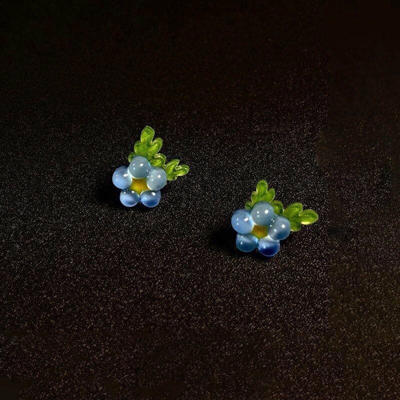 「风拂蓝铃」蓝色花朵绿叶耳钉耳夹夏日小清新气质甜美高颜值耳饰