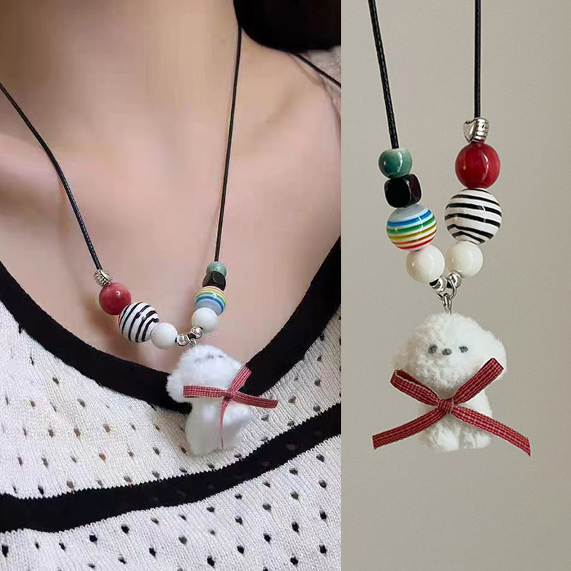 小狗彩色串珠项链蝴蝶结爱心小众黑色长绳抽拉式毛衣链长款颈链女