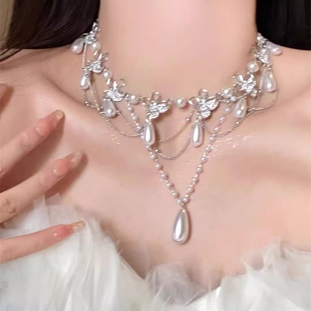超闪水滴珍珠流苏项链女轻奢高级感颈链2025新款choker气质锁骨链