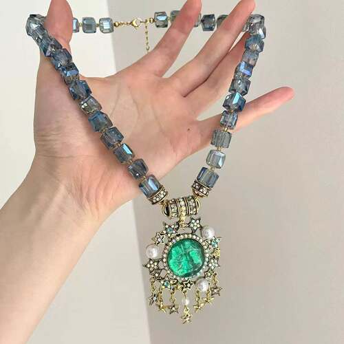 复古vintage 彩色摩恩脸月亮星星串珠项链女小众个性设计感锁骨链