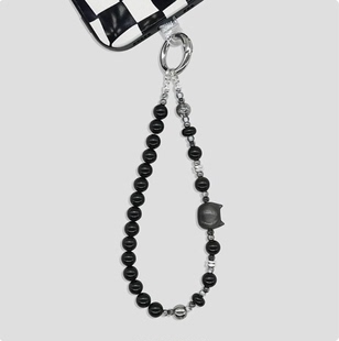 甜酷高级感黑色串珠猫咪手机挂件时尚小众设计不对称钥匙包包挂绳