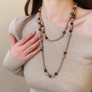 中古vintage双层虎眼色珍珠项链轻奢小众高级感长款毛衣链配饰女