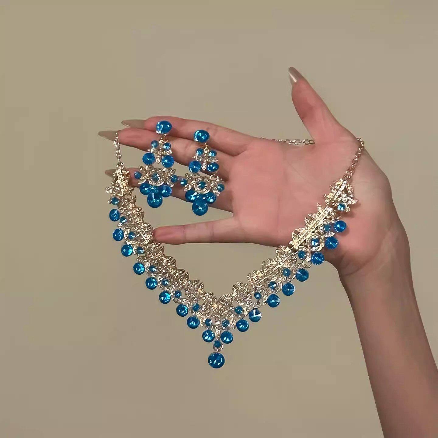 超闪蓝色镶钻项链耳环套装女轻奢气质设计高级感晚宴礼服颈链配饰