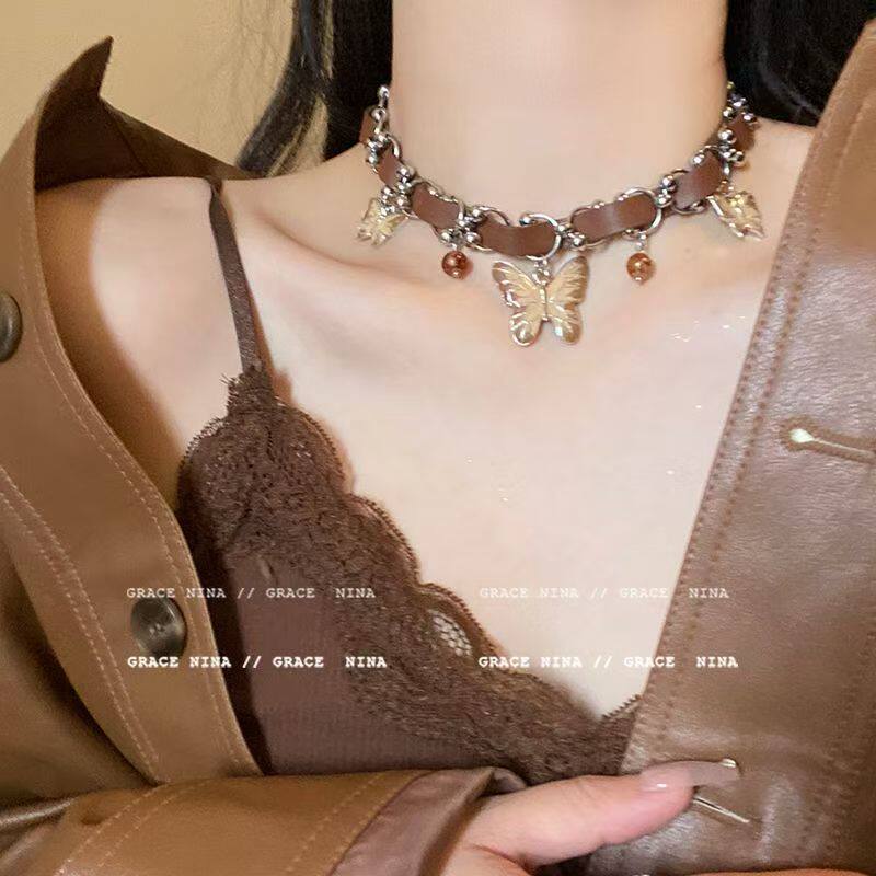 美拉德重工蝴蝶项圈女高级感复古棕色choker皮革项链轻奢小众颈链