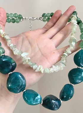 中古vintage双层不规则碎石串珠项链复古宫廷风气质个性百搭项饰