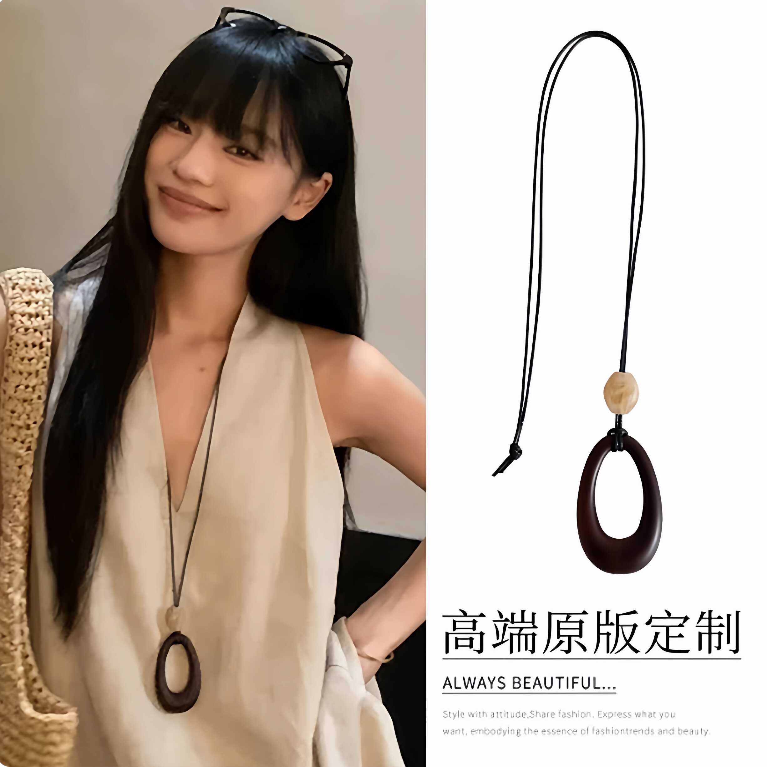 复古黑皮绳镂空椭圆吊坠项链休闲长款毛衣链小众ins百搭精致配饰