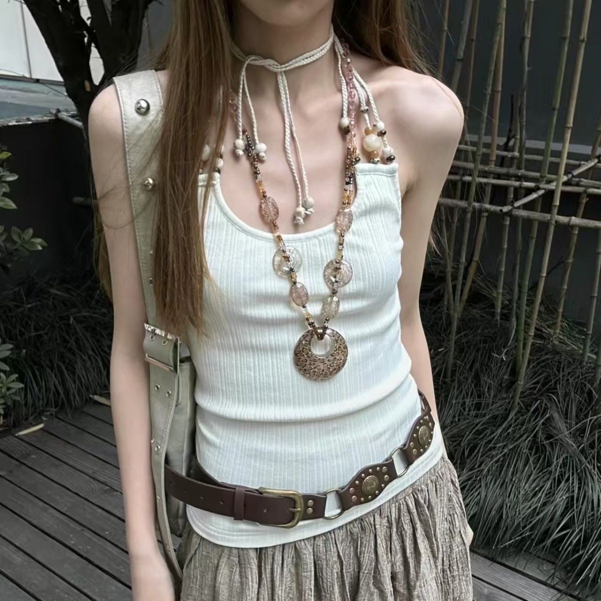 古早涩谷辣妹豹纹斑马串珠项链y2k亚文化椭圆长款Vintage锁骨毛衣