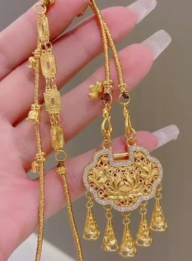 轻奢富贵吉祥流苏莲花黄金色吊坠古法点钻精美绝伦平安锁包铃铛