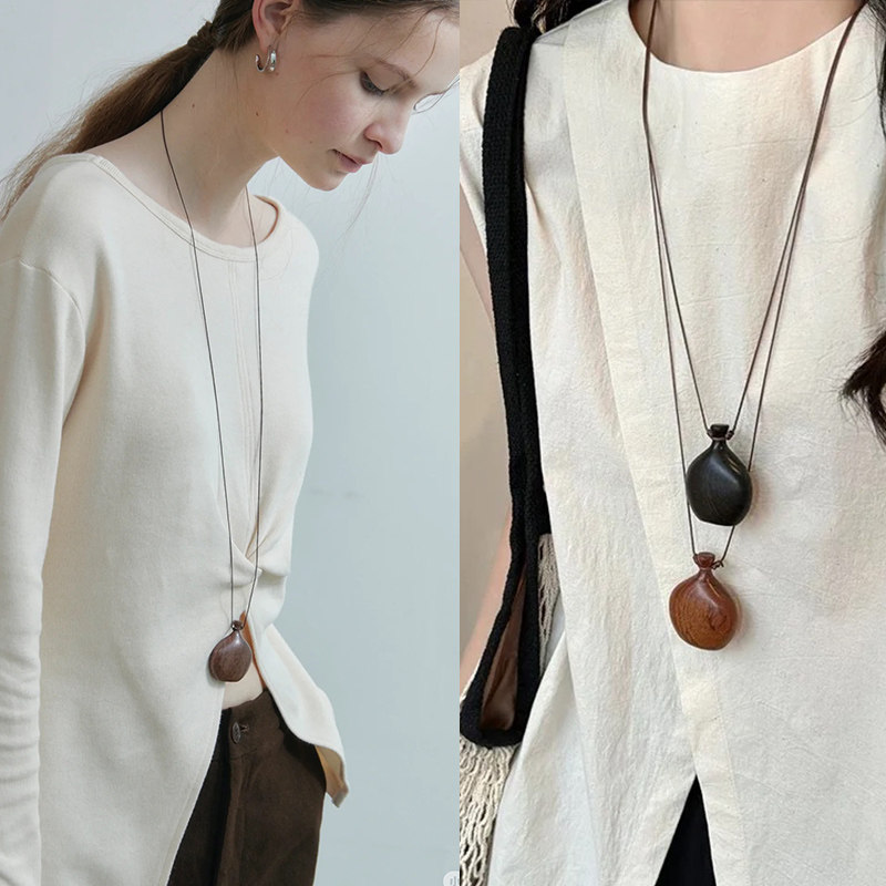 新中式小众木质酒壶吊坠项链女锁骨链长款毛衣链时尚百搭颈链配饰