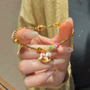 新中式珐琅彩摇摇木马黄金色手链复古多巴胺甜美设计感高级感手饰