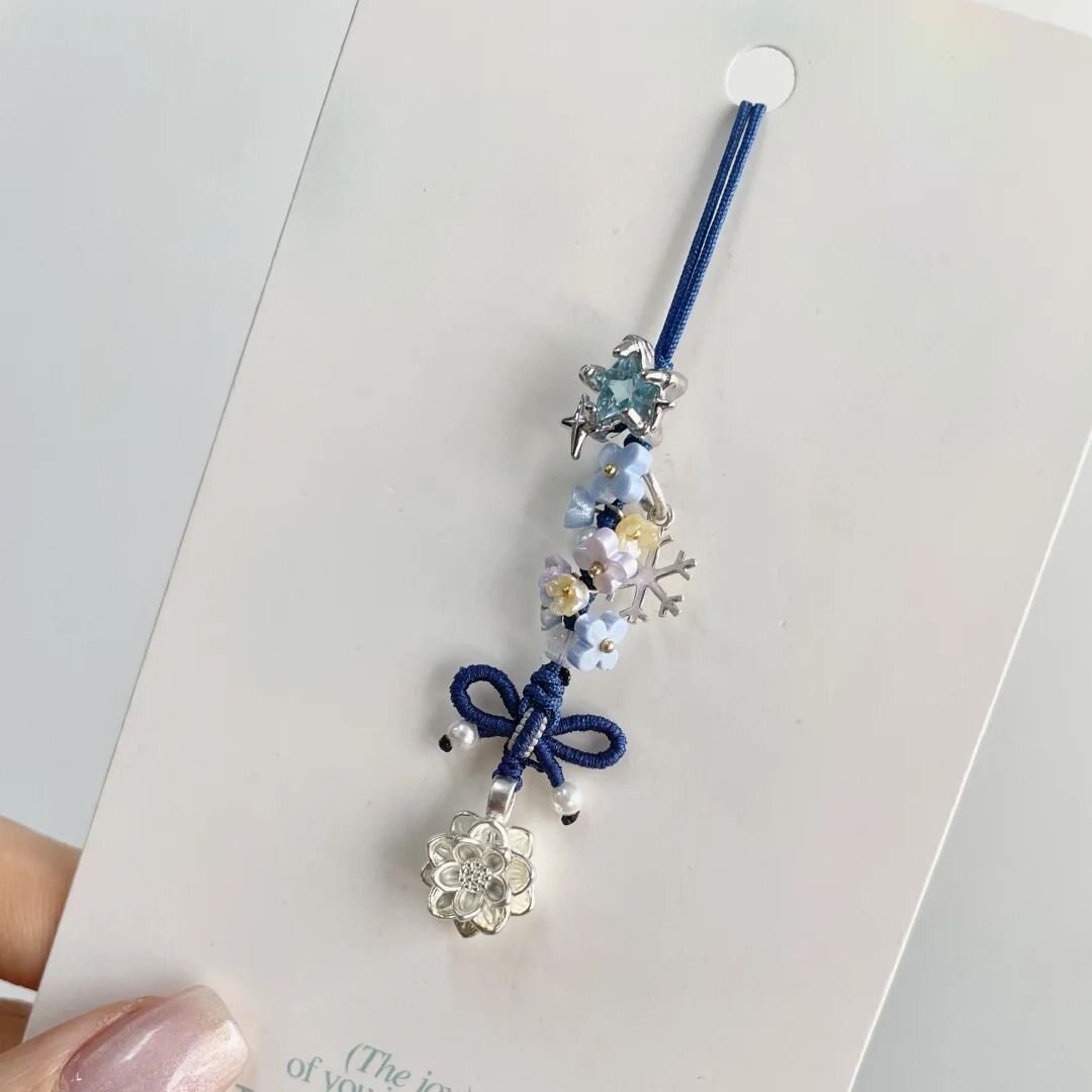 克莱因蓝新中式莲花星星手机挂绳女甜美可爱蝴蝶结编绳小挂件女
