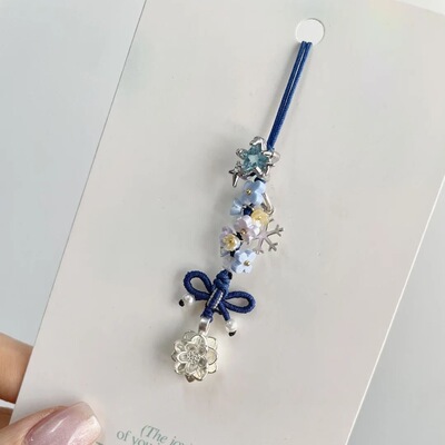 克莱因蓝新中式莲花星星手机挂绳女甜美可爱蝴蝶结编绳小挂件女