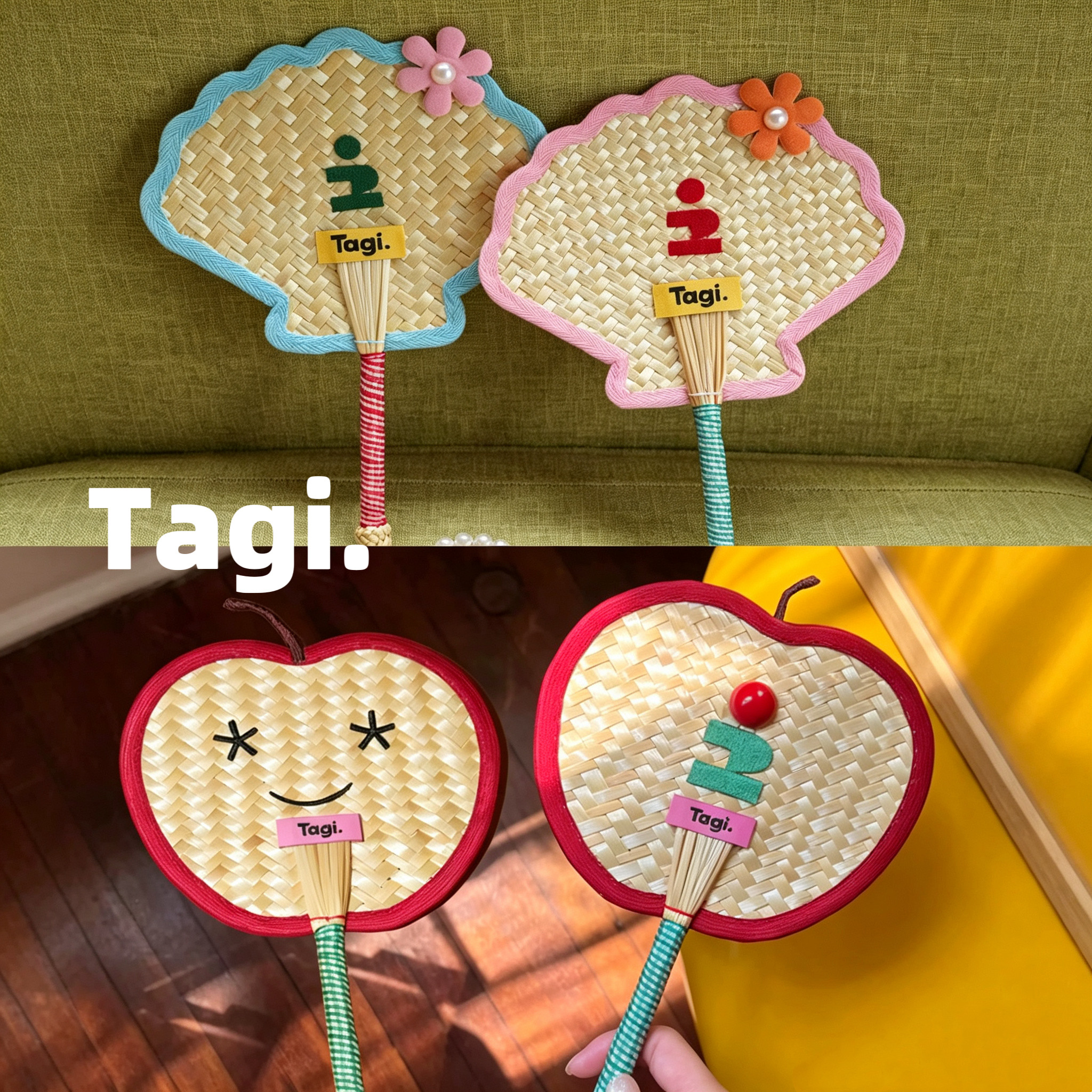Tagi.i塔皮苹果表情笑脸串珠编织可爱摇摇麦秸扇想象贝壳手工扇子
