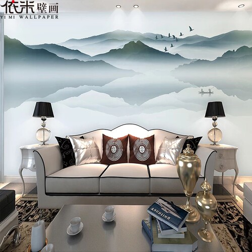 现代新墙布抽象水墨山水墙纸壁画电视客厅卧室背景墙山水壁纸