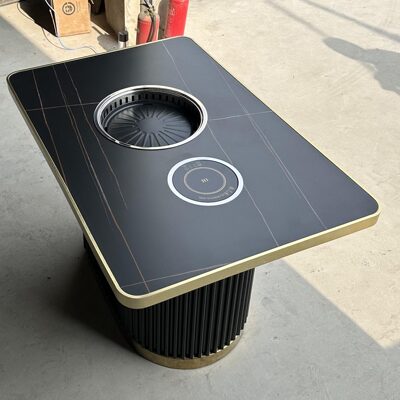 桌腿瓦无烟烧烤桌黑色楞岩板包边合金小火锅桌子桌面椭一体圆烤涮