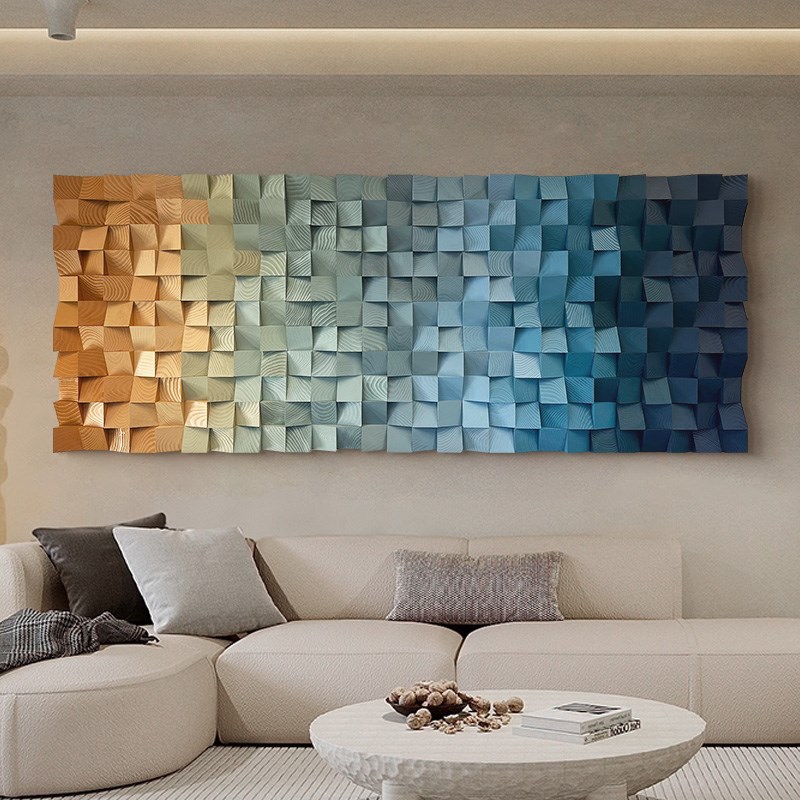 现代简约手工实木马赛克艺术装置画3D立体装饰画客厅玄关挂画壁画图片