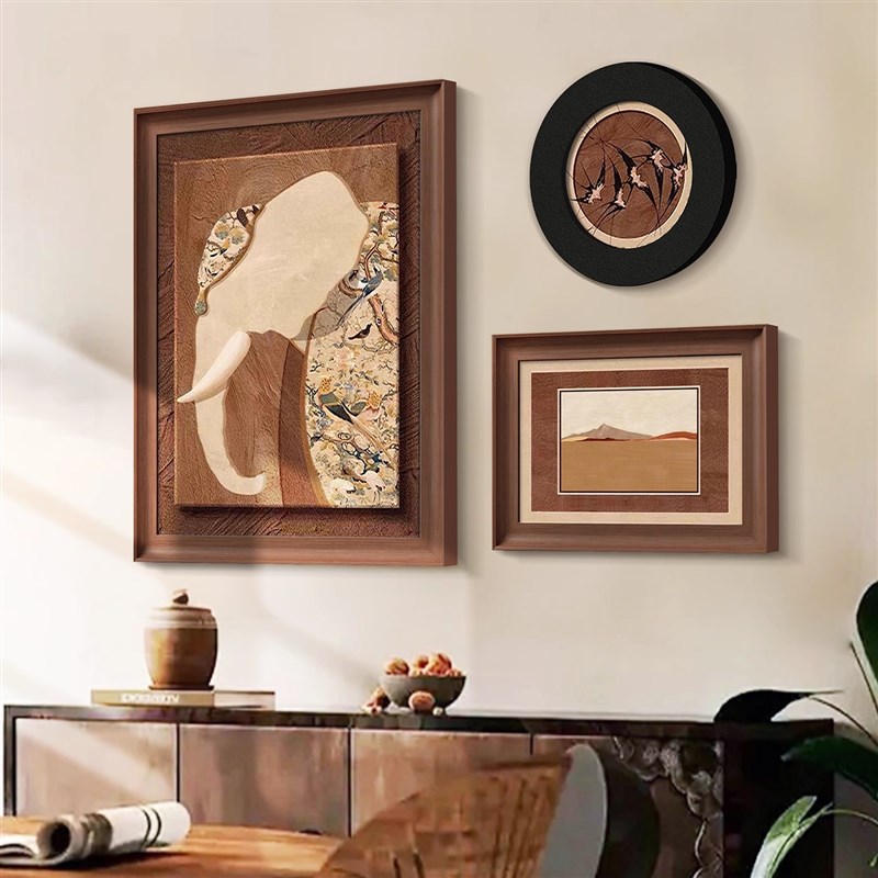 中古餐厅挂画立体砂岩客厅玄关装饰画大象马画法式复古壁画高级感图片