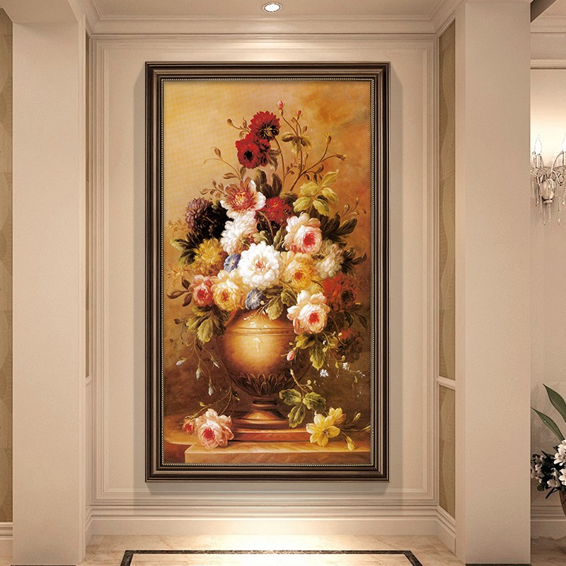 美式入户玄关装饰画走廊过道壁画欧式油画肌理大气背景墙花卉挂画图片