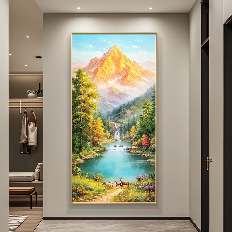 现代轻奢金山聚宝盆装饰画福鹿相伴手绘风景油画玄关高山流水挂画图片