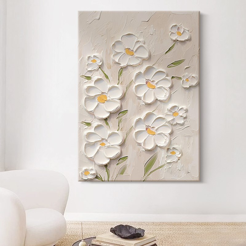 奶油风客厅装饰画抽象白色花卉浮雕手绘油画厚肌理玄关大尺寸挂画图片