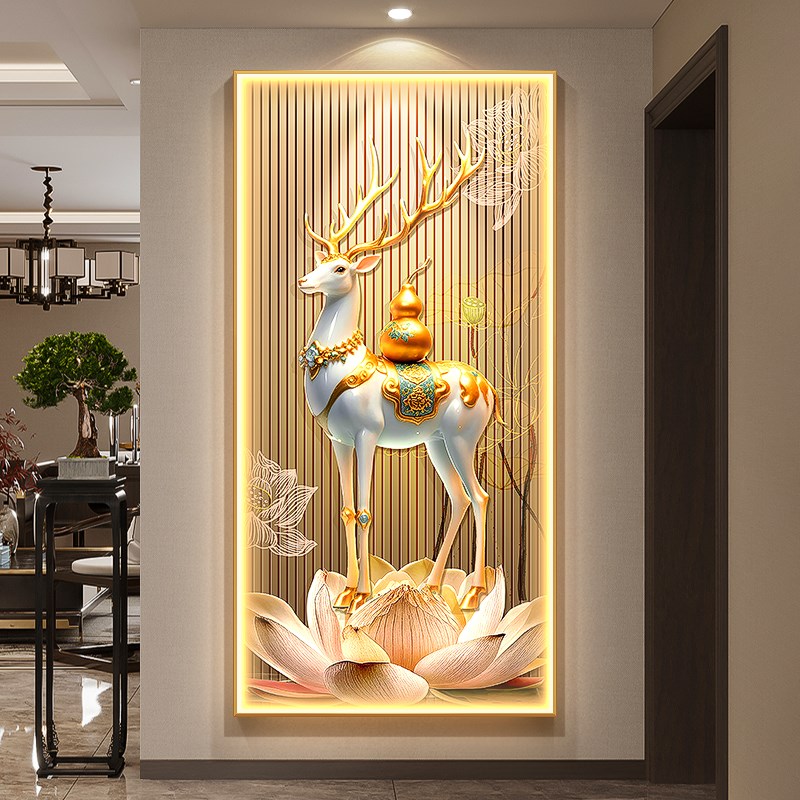 福禄双全新中式玄关装饰画葫芦麋鹿走廊挂画轻奢莲花入户带灯壁画图片