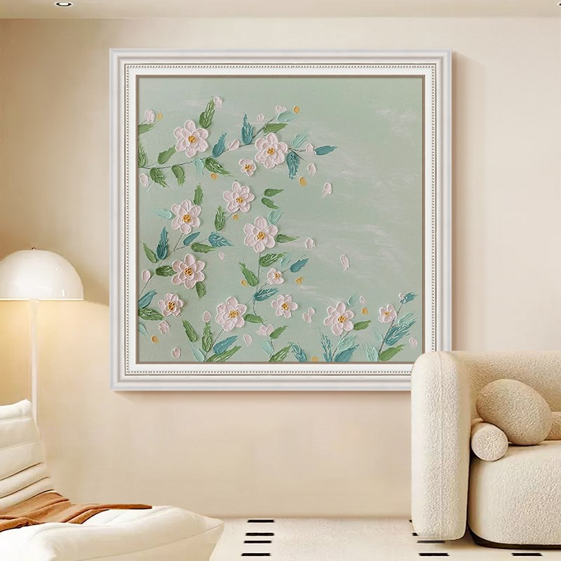 奶油风立体花卉客厅装饰画法式植物白色花朵肌理手绘油画玄关挂画图片