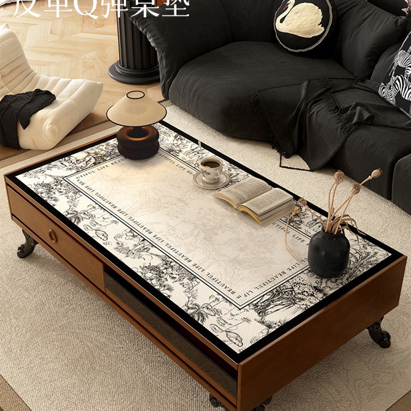 法式复古皮革桌垫轻奢高级感餐桌垫防水防油免洗桌布中古风茶几垫