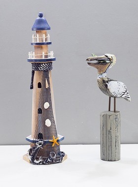 地中海风格灯塔木质做旧木塔海洋风灯塔摆件桌面复古装饰摆设