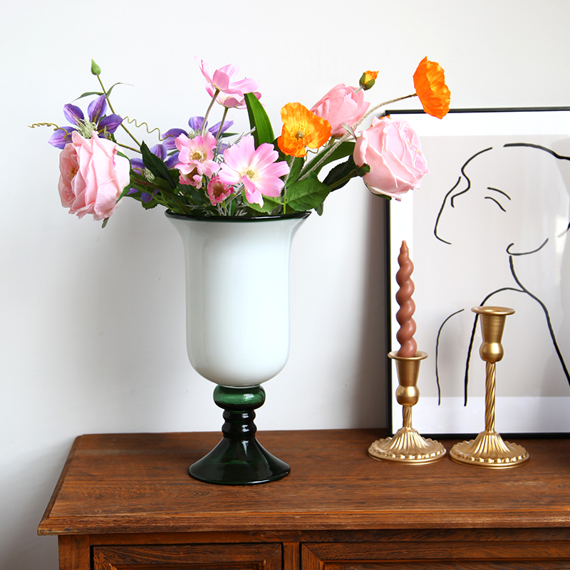 中古花瓶插花装饰客厅高级感法式绿白风灯高脚大口径琉璃花器