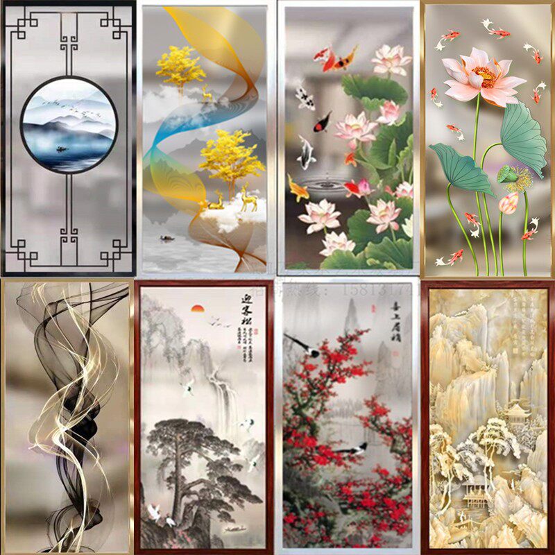定制现代艺术玻璃客厅隔断磨砂面透光屏风玄关过道背景雕花