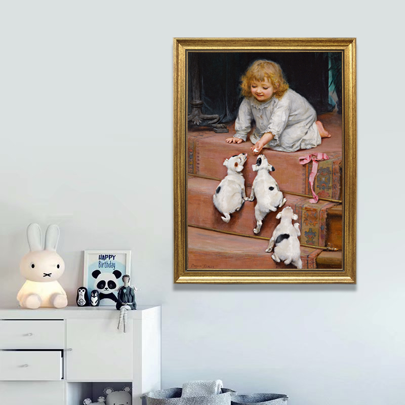 宠物油画可爱小孩小动物油画幼儿园儿童房喷绘竖版带框防水装饰画