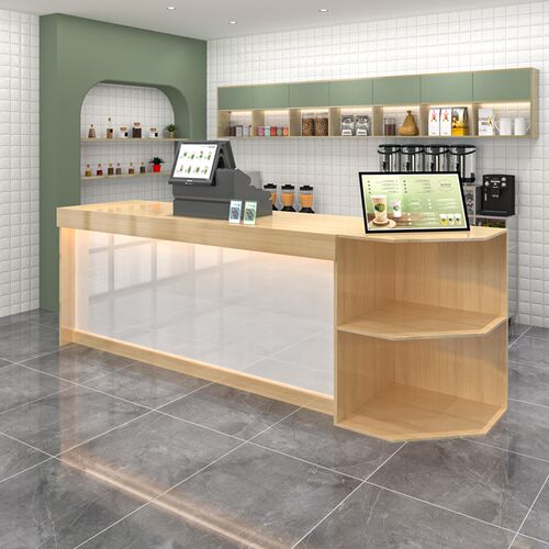 烤漆弧形餐饮店前台桌奶茶店柜台便利店收银台实木接待台吧台转角