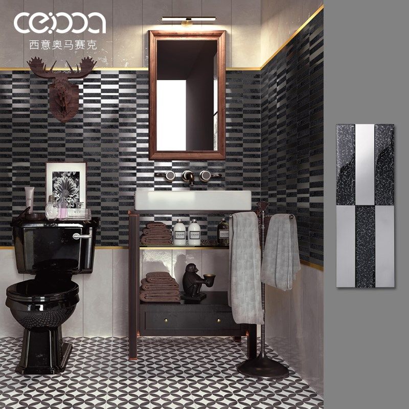 黑色金属玻璃马赛克瓷砖背景墙吧台咖啡店卫生间艺术长条墙砖