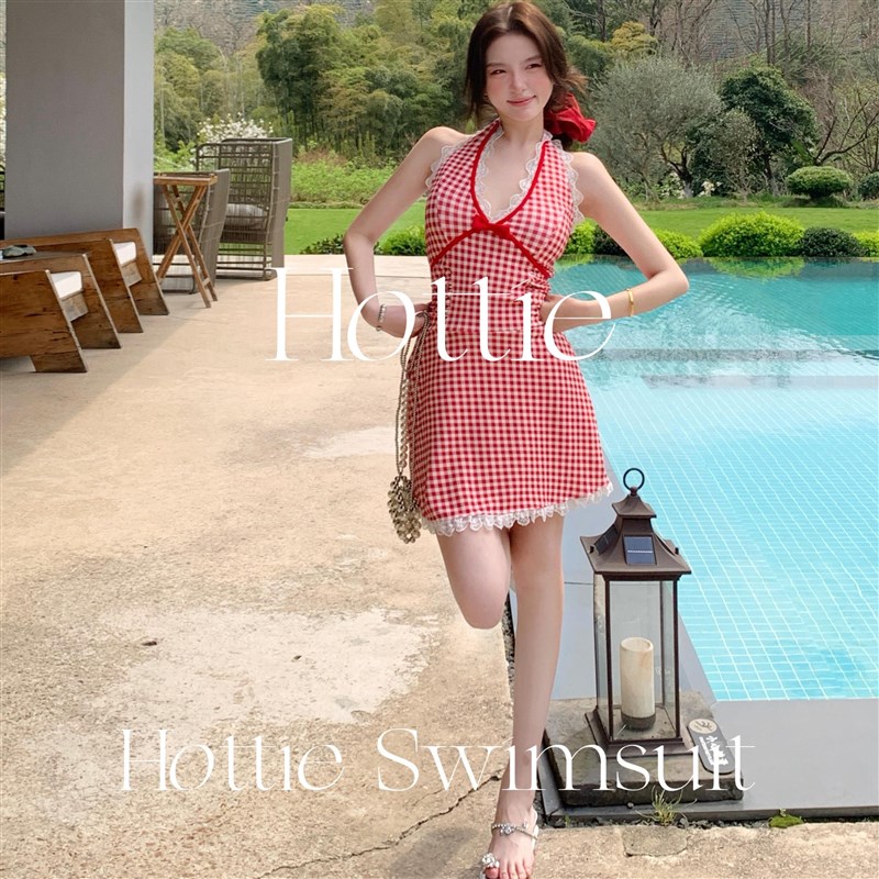 【草莓少女】红色格子元气多巴胺显瘦分体泳衣挂脖夏日海边小裙子