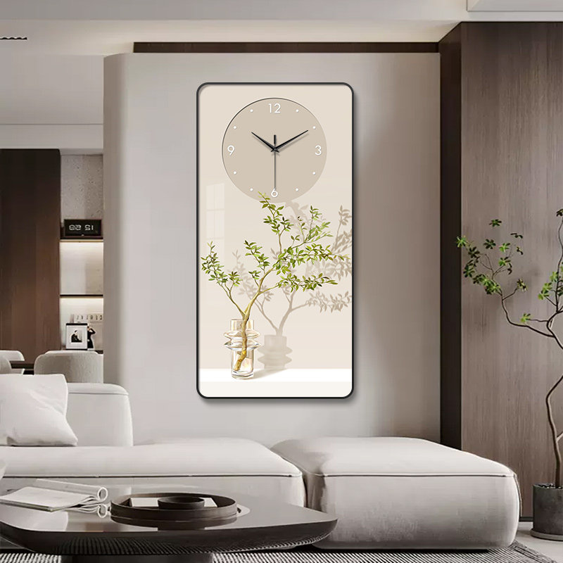 奶油风玄关钟表挂钟客厅绿植挂画艺术时钟挂墙免打