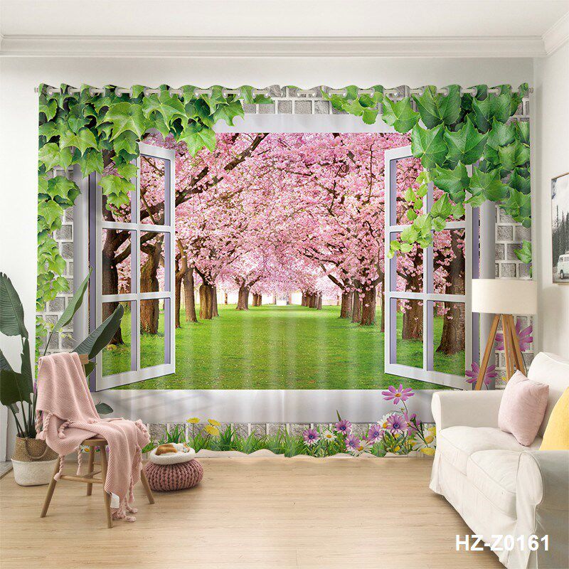 立体布艺褶皱穿杆风景画免打全遮客厅卧室挂钩式帘布帘