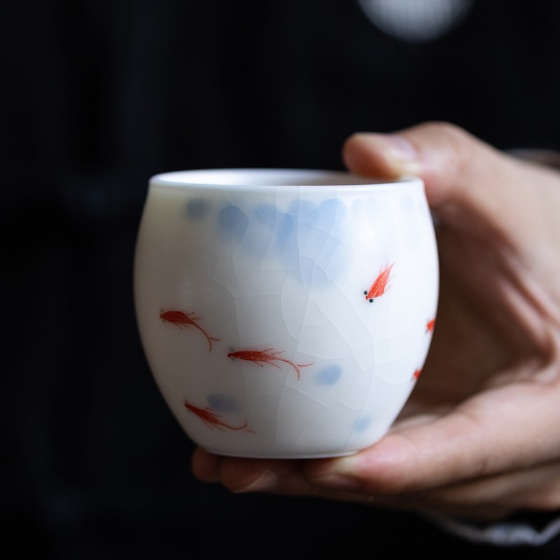 白汝窑鱼茶盏杯大号茶具品茗杯小茶杯功夫茶杯