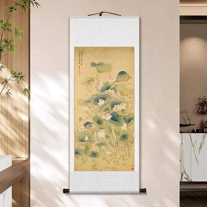 名家红莲绿藻图卷轴挂画中式荷花装饰画客厅玄关书房茶室花鸟壁画图片