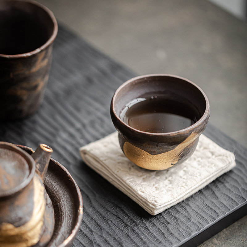 柴烧粗陶描金茶杯创意复古性功夫茶具品茗杯小茶盏