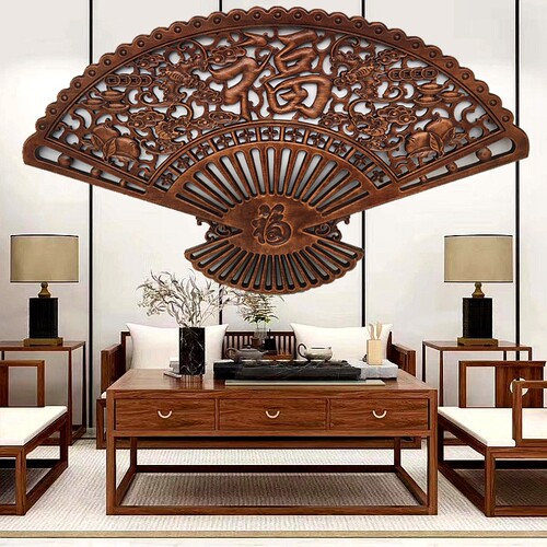 东阳木雕挂件香樟木扇形客厅玄关背景墙福字鱼老鹰麒麟龙凤木挂饰