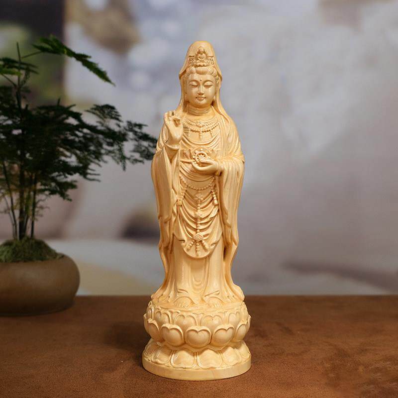 黄杨木雕南海观音菩萨佛像中国工户拜饰木制观音菩萨立像