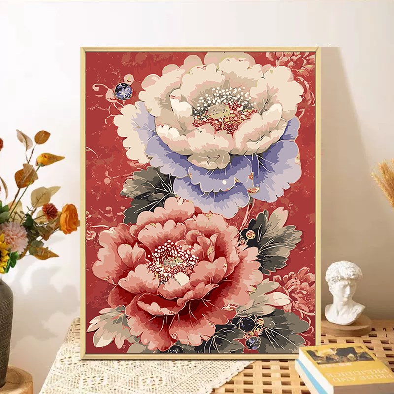 国色芳华牡丹数字油画diy填充填色手工绘新年芍药花卉丙烯装饰画图片