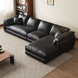 易安亭阁意式极简黑色真皮沙发中古风头层牛皮大黑牛贵妃沙发组合