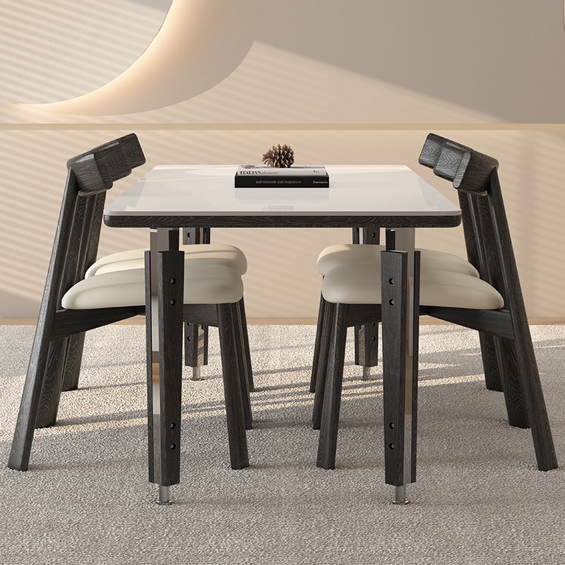 中古风德利丰实木岩板餐桌家用长方形奶油风高级感黑色小户型饭桌