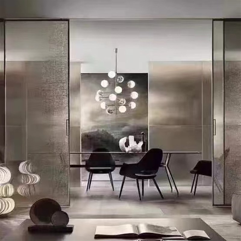 夹丝玻璃金属丝艺术夹娟钢化玻璃屏风隔断窄边吊轨平开移门淋浴房